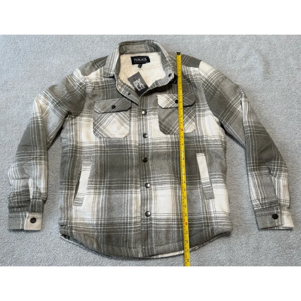 NWT - PX BLACK Sherpa Lined Flannel Shacket Plaid Gray/Green And White  Size‎ M
